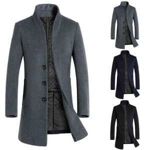 Zimowe męskie płaszcz Single Breasted Jacket Fashion Solid Color Trench Płaszcz Z Długim Rękawem Woolen Mieszanka Outwear Windbreaker 211122