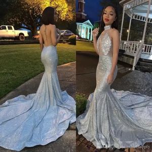 Sparkly Silver Sexy High Neck Mermaid Prom Dresses 2022 Long Lace Sequins Beaded Backless Chic Evening Gowns Formal Party Dress BC0679