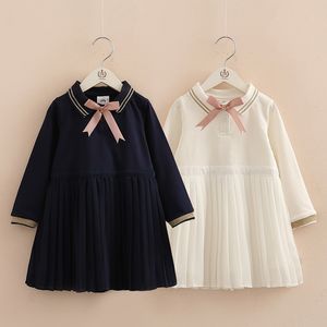 Spring Autumn 3 4 6 8 10 to 12 Years Child Preppy Style Princess Bow Knee Length Kids Baby Girl Long Sleeve Student Dress 210529
