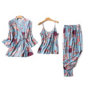 Satin Piżamy Dla Kobiet 3 Sztuk PJS Wziewać Odzież Drukuj Kwiatowy Bawełna Panie Seksowne Luźne Sen Nightwear Sets 210928