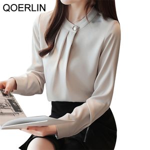 エレガントなOLワークウェアブラウスシャツの女性無地韓国の長袖サテントップ女性秋ホワイトシフォンプラスサイズ210601