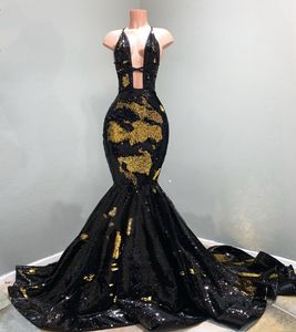 ロングイブニングドレス2022セクシーな人魚スタイルホルターゴールドとブラックスパンコールアフリカの黒人少女女性のウエディングドレス