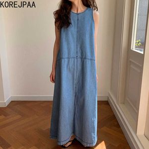 Korejpaa Mulheres Vestem Verão Coreia Chic Senhoras French Simple Temperamento Redondo Pescoço Top Line Design Solto Denim Vest Vestido 210526