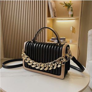 Fashionable Wrinkled Bags Classic Style Shoulder Messenger bag PU Sequins Chains Versatile Hasp Hard Flap Canvas Single Solid Bag Spring Chain Handbag MM size Black