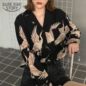 2021年春のファッション女性ブラウスシャツ長袖シフォン秋のヴィンテージシックなクレーンプリント幾何学的ルーズフェム210308