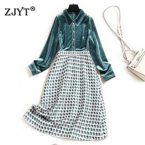 Elegant Designer Spring Full Sleeve Plaid Patchwork Velvet Klänning Kvinnor Vintage Office Robe Femme Green Casual Vestidos 210601