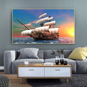 海のボート船キャンバス絵画風景写真風景ポスターやプリント壁アートリビングルームのためのモダンな家の装飾