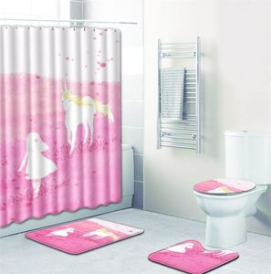 Tende da doccia impermeabili con stampa unicorno Tende da bagno alla moda per bagno Simpatici set di tappetini per zerbino per la decorazione domestica