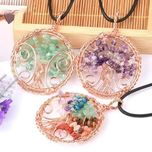 Tree of Life Pendant Necklaces Natural Stone Rose Gold Color Round Wire Wrap Quartz Crystal Bead Reiki Jewelry Women