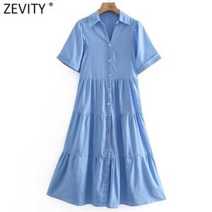 Zevity女性のファッションの折り返し襟半袖プリーツパッチワークシャツドレスオフィスレディシックシングルブレストヴェスディドDS8219 210603