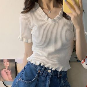 Women's T-Shirt 2021 Summer Casual For Women Sexy Solid Striped Crop Top V Neck Ruffle Female Ladies Korean Basic White Tees