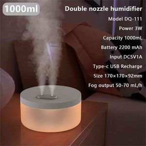 1.0l Duża pojemność nawilżacz powietrza Dual Spray 2200mAh USB Rechargeable Wireless ultradźwiękowy Xiomi Aroma Dyfuzor Light Fogger 210724