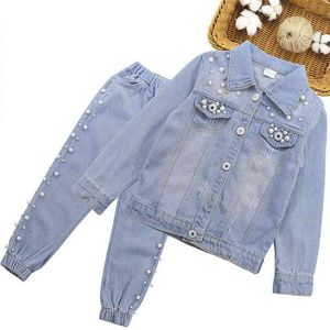 Girls Conjunto de roupas de outono de manga comprida pérola decoração jaqueta + jeans 2 pcs casual esporte crianças roupas para 4-13Y 210528