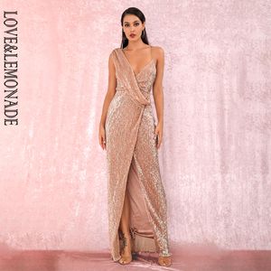 LovElemonade Sexy Rose Gold Deep V-Pescoço Whit Split Lantejoulas Party Maxi Dress LM81849 210302