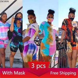 Женщины Print 3 Piece Наборы трексуиты с коротким рукавом футболка шорты маски костюм ночь фитнес спортивные наряды