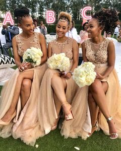 2021 Champagne Lace Bridesmaid Dresses with Pearls and High Split - Elegant Arabic Evening Prom Gowns for Wedding Guests