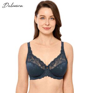 DELIMIRA Reggiseno di pizzo sexy da donna bellezza Plus Size Reggiseni Minimizer non imbottito a figura intera Reggiseno con ferretto 211217