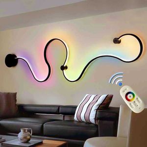 Modern Rgb Led Wall Lamp Remote Control Stairs Bedroom Lamps Colorful Ceiling Sconce S-Shaped Aluminium Aisle Lights Room Decor 210724