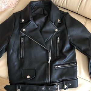 Ailegogo Women Spring Autumn Black Faux Leather Jackets Zipper Basic Coat Turn-down Collar Motor Biker Jacket With Belt 211007