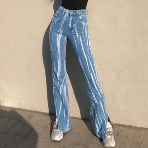 European Streetwear Hip Hop Graffiti Print Denim Pants Split High Waist Jeans Trousers Harajuku BF Loose Straight Leg 210531
