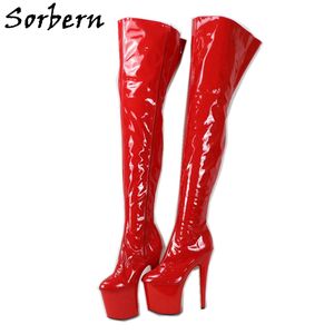 Sorbern Red Patent Mid Thigh High Boots Dames Pole Dancer Shoes Long 20cm Extreme Hoge hakplatforms voor Stripper