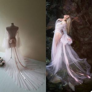 2021 Rosa Tulle Flared Ärmar Robes Kvinnor Jackor Maternity Dressing Gowns Bow Party Dress Foto Shoot Custom Gjorda Fotografi