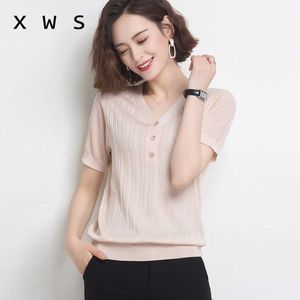 Grundläggande V-nacke Solid Summer Sweater Pullover Kvinnor Kvinnlig Stickad Sweater Slim Short Sleeve Badycon Sweater Jumper 210604