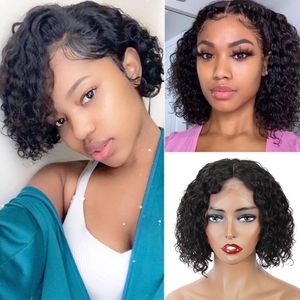 1B Water Wave Lace Frontal Wig T Part Human Hair Lace Front Bob Wigs 8~14 Inches Perruques De Cheveux Humains RQY4345