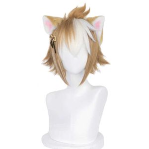 Gorou Cosplay Wig Game Genshin Impact Short Brown White with Ears Synthetic Hair Heat Resistant Halloween Role Play Y0913