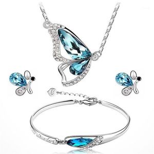 Earrings & Necklace Cute Female Blue Crystal Jewelry Set Charm Silver Color Stud For Women Dainty Butterfly Bracelet Wedding Chain