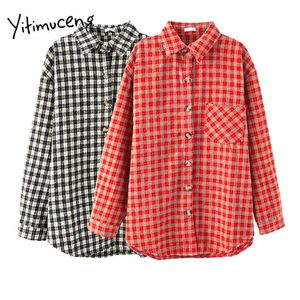 Yitimuceng Plaid Bluzka Kobiety Vintage Button Up Koszule Z Długim Rękawem Turn-Down Collar Proste Czarne Wiosna Moda Topy 210601