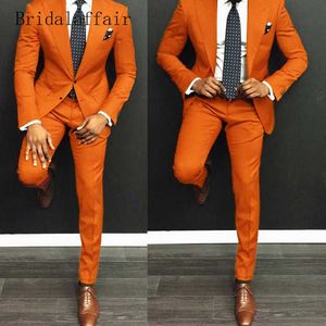 Bridalaffair Latest Coat Pant Designs Orange Men Suit Casual Slim Fit 2Pcs Tuxedo Tailor Groom Prom Party Blazer (Jacket+Pants) X0608