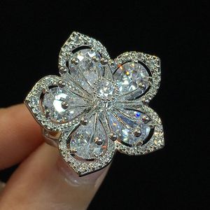 Alianças de casamento prata esterlina 925 em forma de flor grande pedra de zircônia para mulheres noivado moda joias 2021