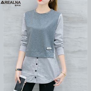 Новая осень длинный рукав блузка женские рубашки корейский стиль полосатый лоскутная рубашка повседневная женщина блузки свободно плюс размер топы Blusas 210315