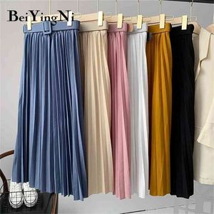 Beiyingni Kvinnor Pläterad Midi Skirt Hög Midja Bälte Koreansk Plus Size Spring Summer Casual Elegant Kjolar Ladies Fashion Saia 210621