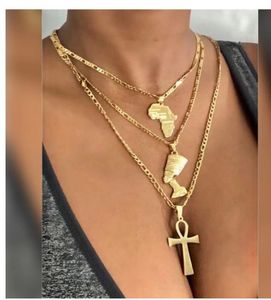 Ägyptische Goldketten großhandel-Anhänger Halsketten stücke Afrika Karte Kreuz Nefertiti Halskette Set Für Frauen Männer Gold Farbe Edelstahl Ägyptisch Schmuck