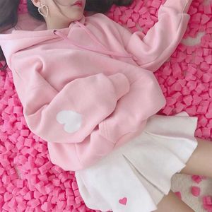 Japanese sweet pink cute love plus size velvet hooded winter Harajuku sweatshirt girlfriends wear women's 210608