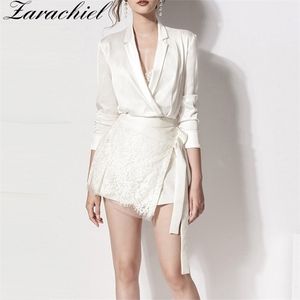 Spring Office Ladies Two Piece Set Women Long Sleeve Notched Double-breasted Satin Silk Shirt Suit + Sashes Lace Mini Skirt 220302