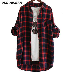 Kvinnor Blusskjorta Loose Casual Plaid Shirts Långärmad Stora Toppar Blusar Röd Grön 210721