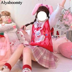 Japanese Preppy Style Autumn Winter Sleeveless Women Sweater Bunny Floral Anime Knitted Vest Cute Kawaii Christmas Red 210819