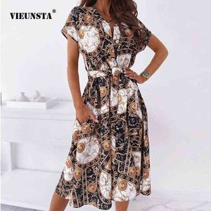 Camicia da donna estiva Abiti con cintura con lacci 2021 Modello vintage Stampa A-Line Midi DrSexy Abito da festa con maniche corte con scollo a V X0529