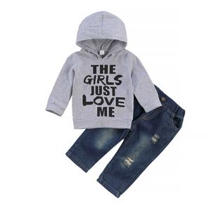 Maglione con cappuccio per neonato + jeans, stampa a lettere, design con foro elastico in vita Abbigliamento primaverile G1023