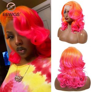 Orange Pink Synthetic Lace Front Wig With Side Parting 14 Inch Drag Queen Short Wavy Wig Ombre Bob Wigs For Black Women EEWIGS S0826