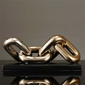 Nordic Golden Chain Skulptur Dekorationer Kontorstudie Skrivbord Keramiska hantverk Figurer Ring kedja Porslin Heminredning prydnad 211108