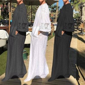 Celmia Lace Stitching Dresses Womens Long Maxi Shirt Dress 2020 Summer Beach Casual Loose Long Sleeve Party Vestido S-5XL Dress Y0118