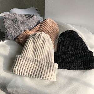 Winter Leisure Thicken Warm Skull Hat Korean Pure Color Chenille Knitted Cap Men's and Women's Beanie Gorro Casquette