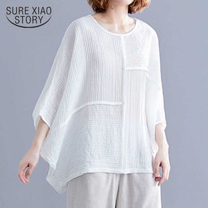 Verão Plus Tamanho Vintage Linho de Algodão de Manga Curta Blusa Mulheres Costura literária Costura de cor sólida Bat Sleeve Senhora Tops 8906 50 210527