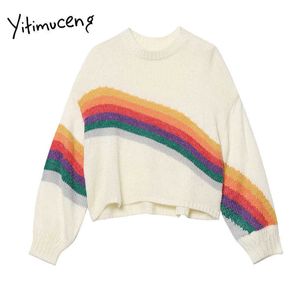 Yitimuceng Rainbow Swetry Kobiety Japoński Moda Beżowa Czarna O-Neck Wełna Akrylowa Batwing Rękaw Swetry Drukuj Zimowe ubrania 210601