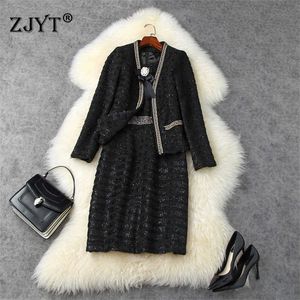 Högkvalitativ Runway Designer Höst Winter Dress Women Fashion Luxury Beading Tweed Woolen Jacket 2 Piece Vestidos 210601