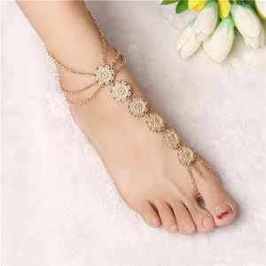 Złote Warstwy łańcucha Tassel Anklets Fotless Bridal Foot Jewelry Kobiety Plaża Ślub Pearl Boso Sandały Rozciąganie Anklet Łańcuch